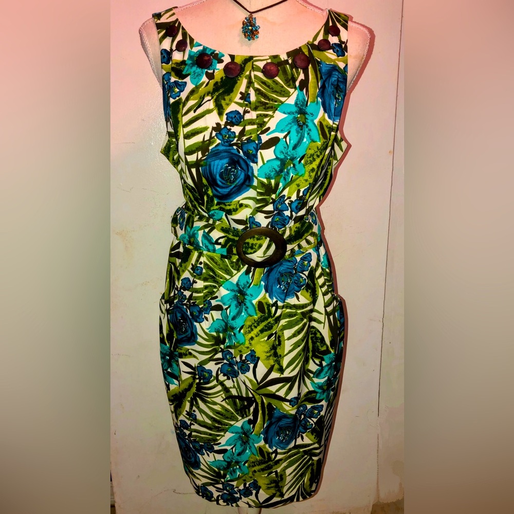 Tropical Green&Blue Sleeveless, Knee Length Dress,
